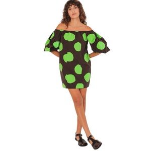 SKFK Silbane Brown Green Circle Print On or Off Shoulder Mini Dress